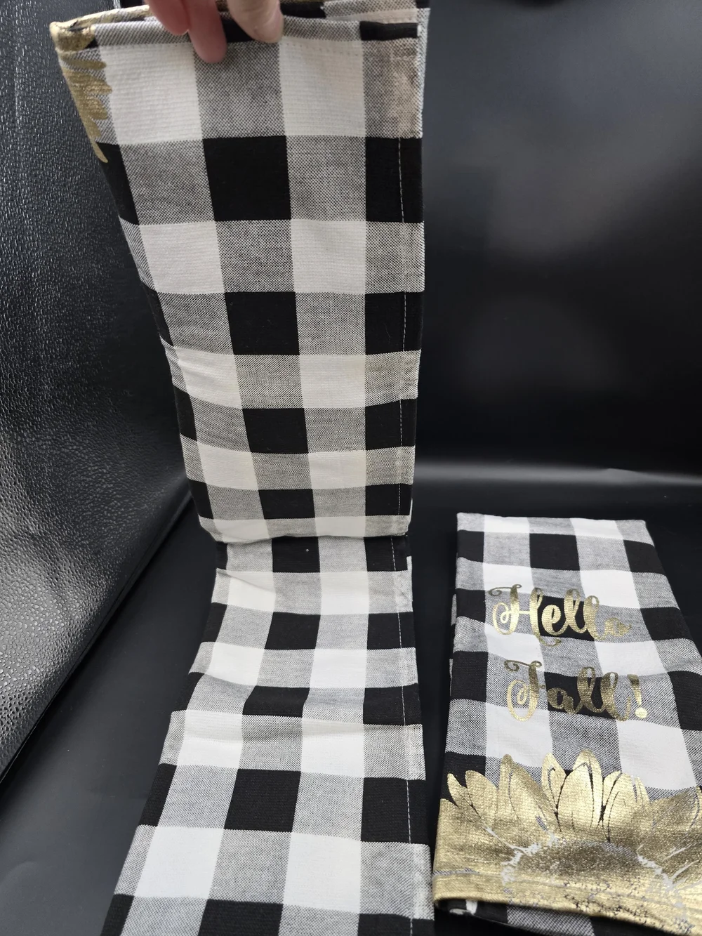 kate spade Black & White Buffalo Check Towels with Gold Sunflower